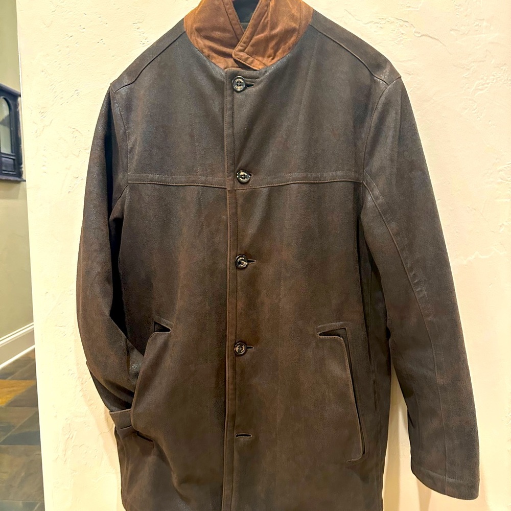Stones faux leather heavy duty coat with textured leather brown style ,size 42/L